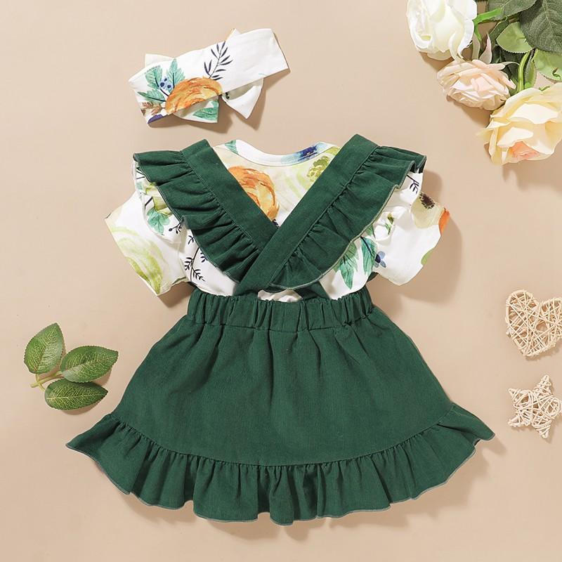 3-piece Floral Printed Bodysuit & Solid Braces Skirt & Headband for Baby Girl - PrettyKid