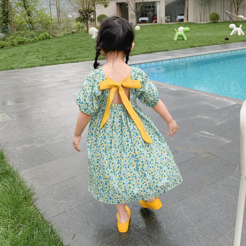 Toddler Girl Puff Sleeve Floral Print Bowknot Dress - PrettyKid