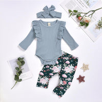 3-piece Solid Ruffle Bodysuit & Floral Printed Pants & Headband for Baby Girl Wholesale children's clothing - PrettyKid