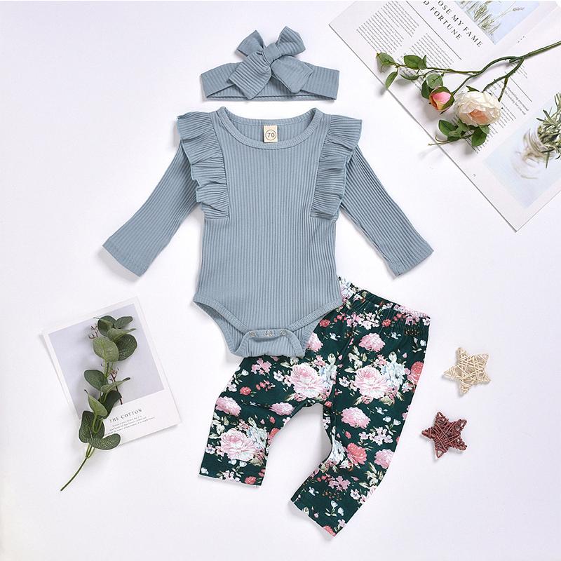 3-piece Solid Ruffle Bodysuit & Floral Printed Pants & Headband for Baby Girl Wholesale children's clothing - PrettyKid