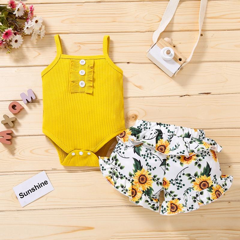Baby Girl Floral Pattern Summer Suit Strap Top & Printed Pants - PrettyKid