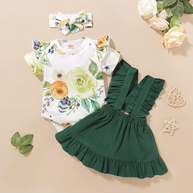 3-piece Floral Printed Bodysuit & Solid Braces Skirt & Headband for Baby Girl - PrettyKid