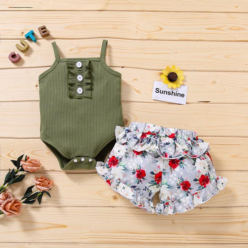 Baby Girl Floral Pattern Summer Suit Strap Top & Printed Pants - PrettyKid