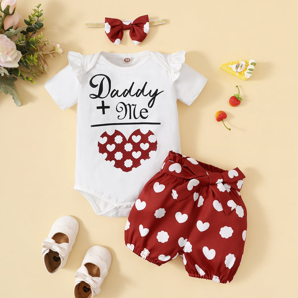 Baby Girl Letter & Heart Bodysuit And Shorts With Headband Baby Outfit Sets - PrettyKid