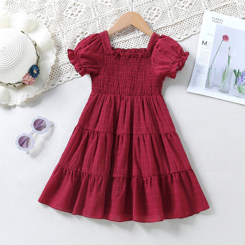 Toddler Girl Solid Color Puff Sleeves Dress - PrettyKid