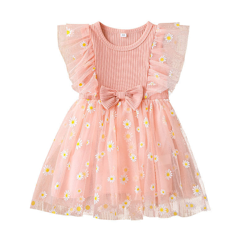 Baby Girl Daisy Print Bow Mesh Dress Baby Girl Princess Dress - PrettyKid