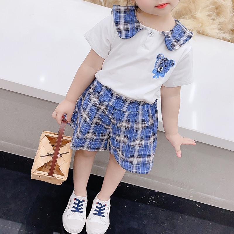 Toddler Girl Bear Pattern Plaid Suit - PrettyKid