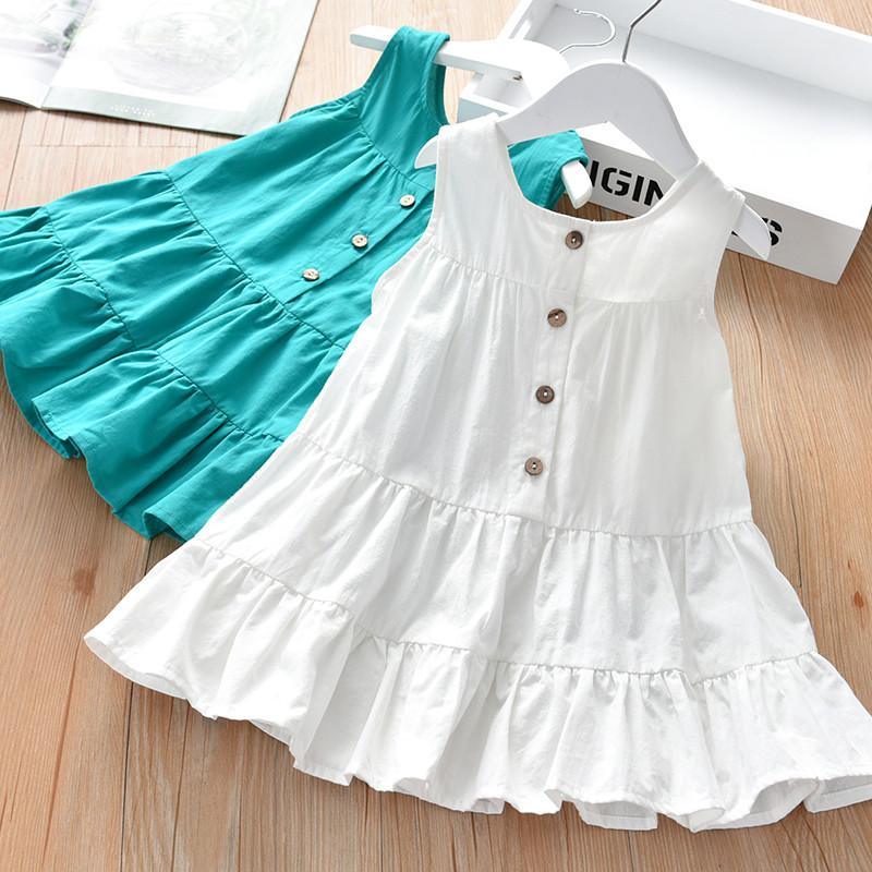 Toddler Girl Sleeveless Ruffle Hem Solid Color Dress - PrettyKid