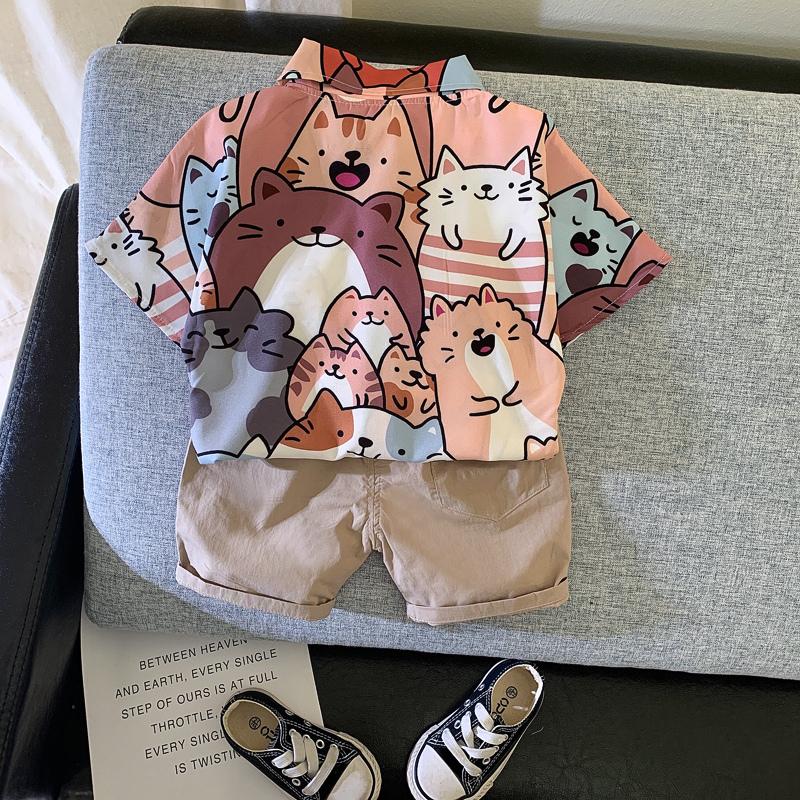 Toddler Boy Cartoon Bear Patten Top & Solid Color Shorts - PrettyKid