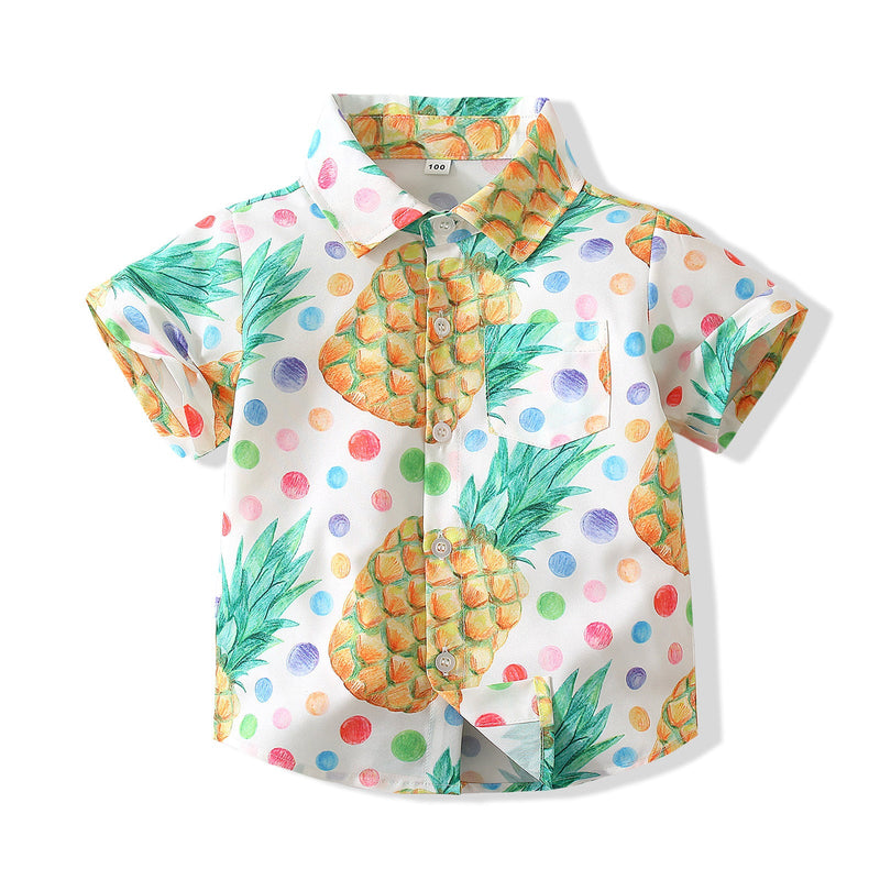9months-5years Toddler Boy Beachwear Summer Boy Baby Lapel Short-Sleeved Shirt Pineapple Print Casual Holiday Style - PrettyKid
