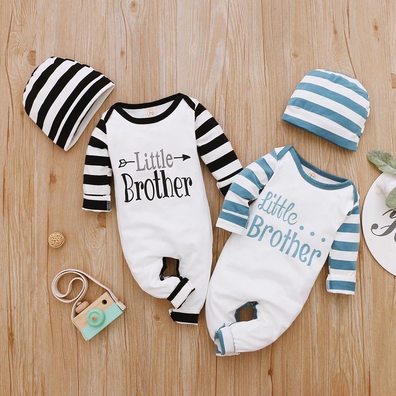 Striped Letter Print Long-sleeved Jumpsuit with Hat - PrettyKid