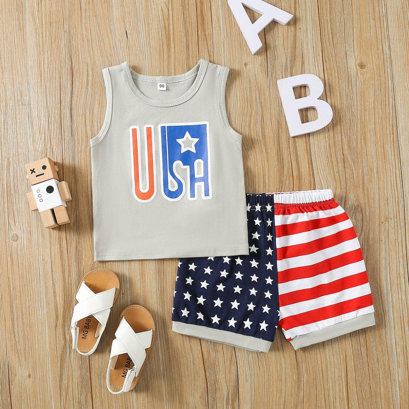 9months-4years Toddler Boy Sets Boys Suit Independence Day Children's Suit American Flag Print Tank Top Shorts Suit - PrettyKid