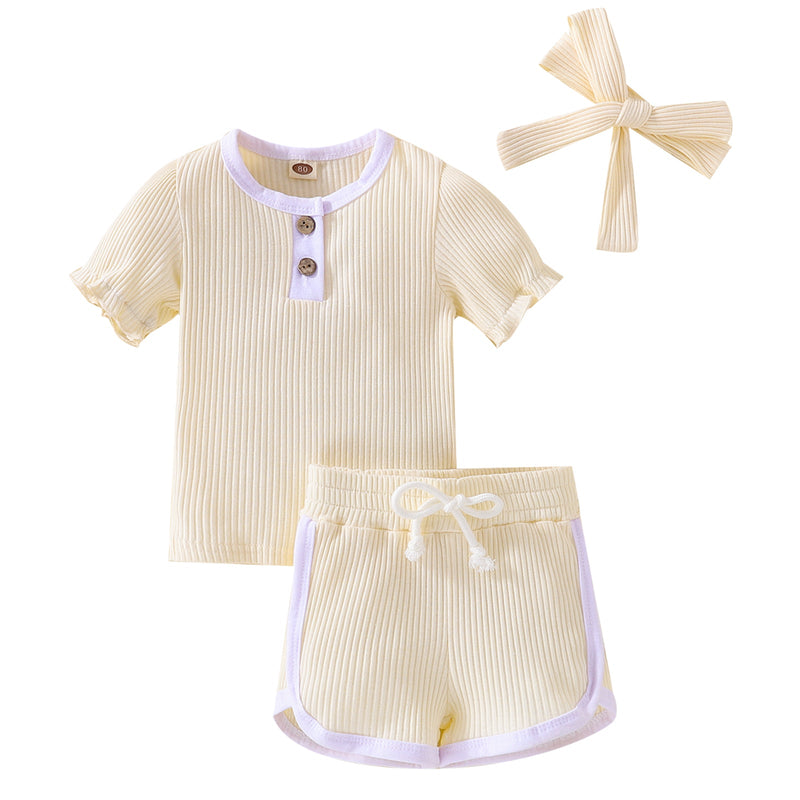 9M-4Y Baby Girl Shorts Set Wood Ear Thread Color Matching Headband Bulk Baby Clothes - PrettyKid