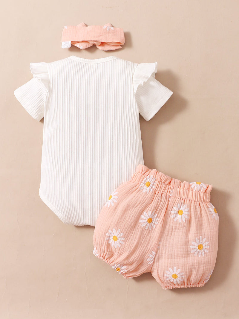 Baby Girl White Ribbed Bodysuit And Daisy Shorts And Headband Baby Girl Outfit Sets - PrettyKid