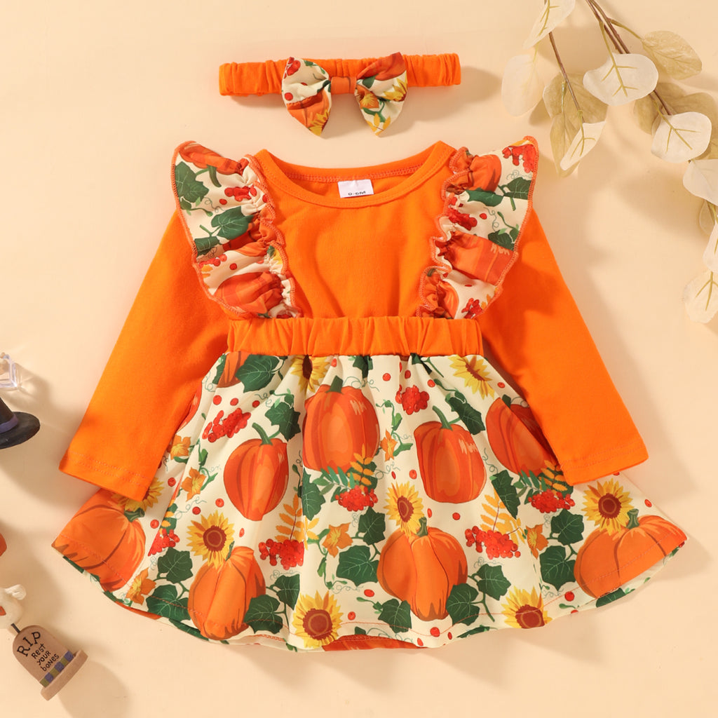 Toddler Girls Long Sleeve Pumpkin Print Dress Scarf Two Piece Set - PrettyKid