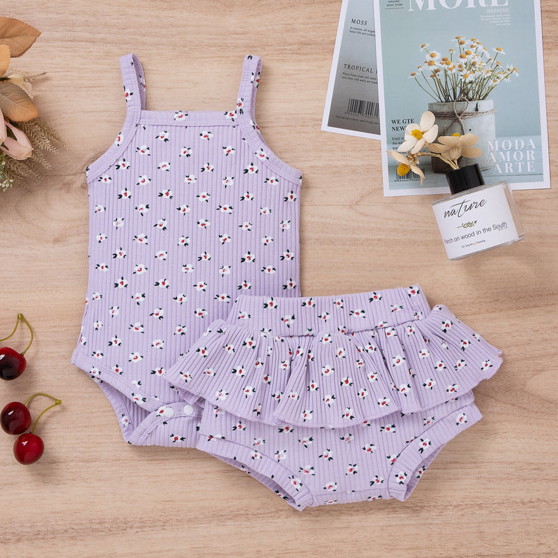 0-18M Baby Girls Sets Ribbed Floral Print Cami Bodysuit & Shorts Wholesale Baby Clothes In Bulk - PrettyKid