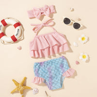 9M-4Y Little Girls Swimsuits Sets Ruffled Halter-Neck Top & Fish Scales Briefs Fashion Girl Wholesale - PrettyKid