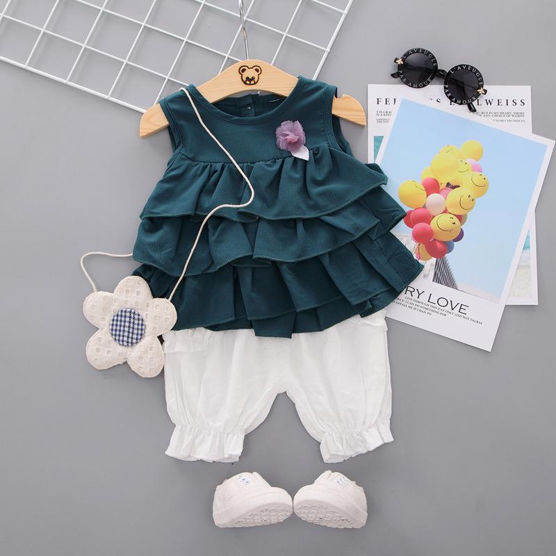 children's cotton dresses wholesale Toddler Girl 3D Floral Decor Solid Color Top & Shorts - PrettyKid