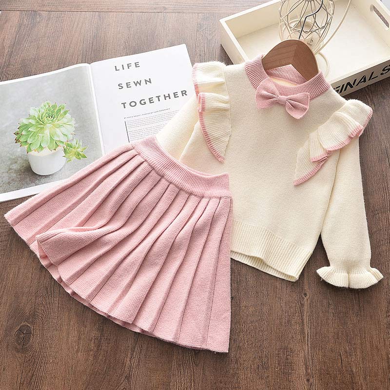 2-piece Solid Bow Decor Sweater & Skirt for Toddler Girl Children's Clothing - PrettyKid