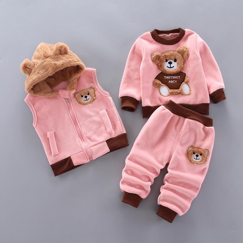 3-piece Bear Pattern Fleece Hooded Vest & Swearshirt & Pants for Toddler Girl - PrettyKid