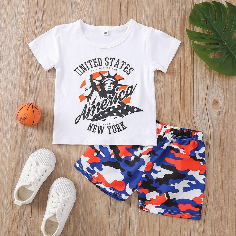 9months-4years Toddler Boy Sets Independence Day Children's Suits Small Boys Letter Print Top Camouflage Shorts Suit - PrettyKid