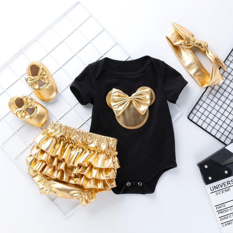 4-Piece Romper, Gold PP Shorts and Shoes with Headband for Baby Clothing Wholesale - PrettyKid