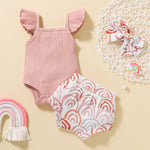 3-24M Threaded Fly Sleeves No Pattern Bodysuit Rainbow Print Shorts Set Headband Wholesale Baby Clothes - PrettyKid