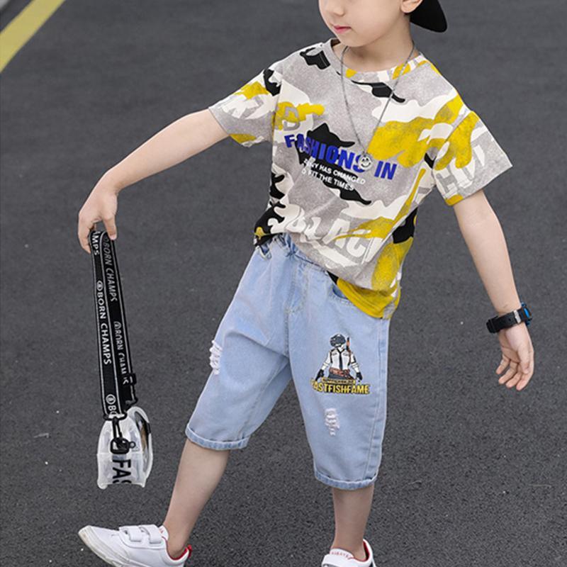 Kid Boy Camouflage Letter Top & Denim Shorts - PrettyKid