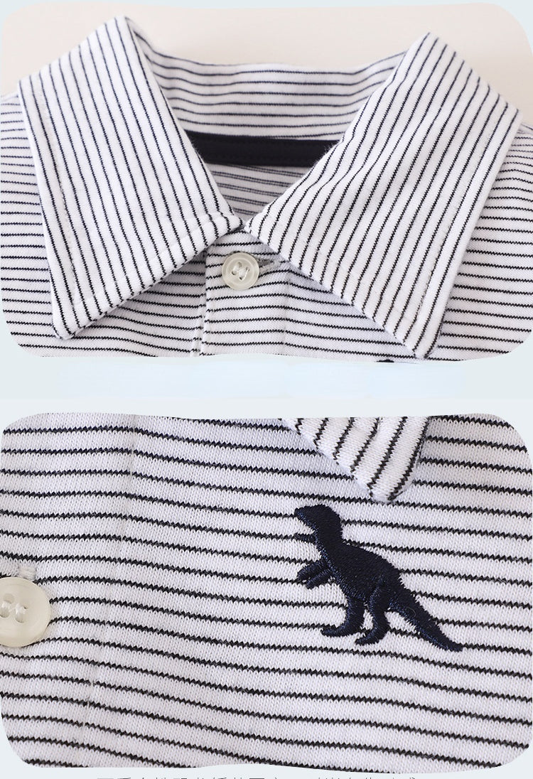 Toddler Kids Boys Striped Cotton Polo Collar Shirt Cartoon Dinosaur Print Short Sleeve Set - PrettyKid