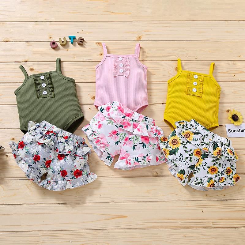 Baby Girl Floral Pattern Summer Suit Strap Top & Printed Pants - PrettyKid