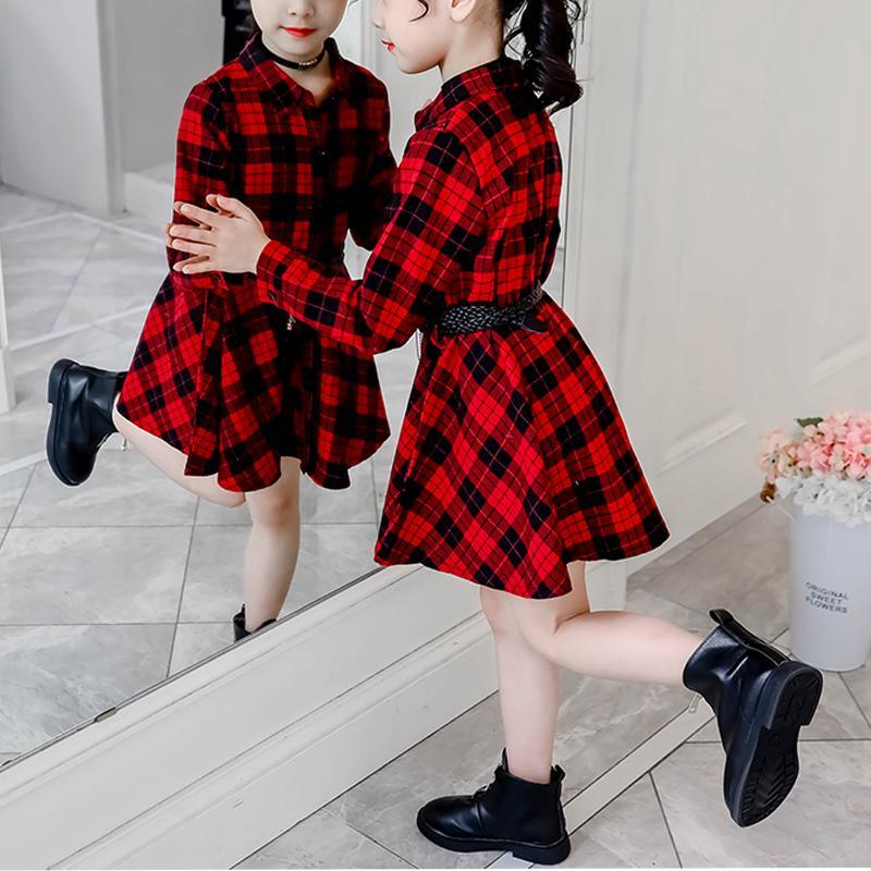 Long-Sleeve Plaid Dress with a Belt - PrettyKid