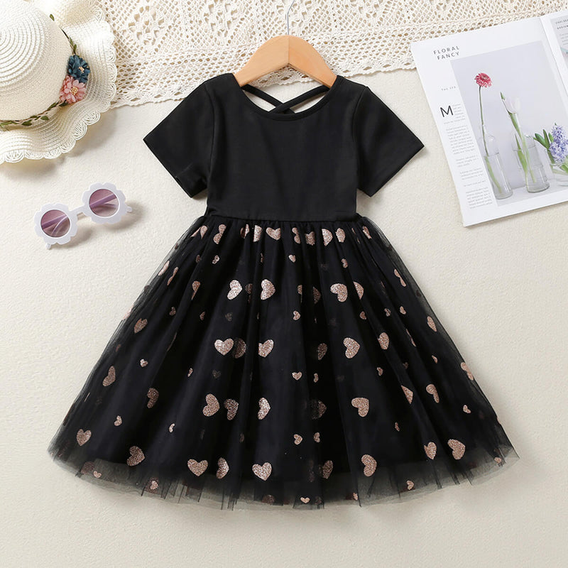 Toddler Girl Heart-shaped Pattern Color-block Dress - PrettyKid