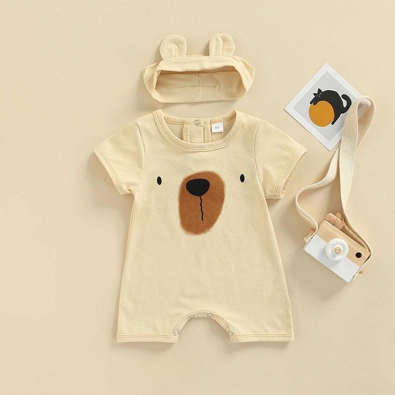 Baby Bear Print Bodysuit And Headband Baby One Piece Jumpsuit - PrettyKid