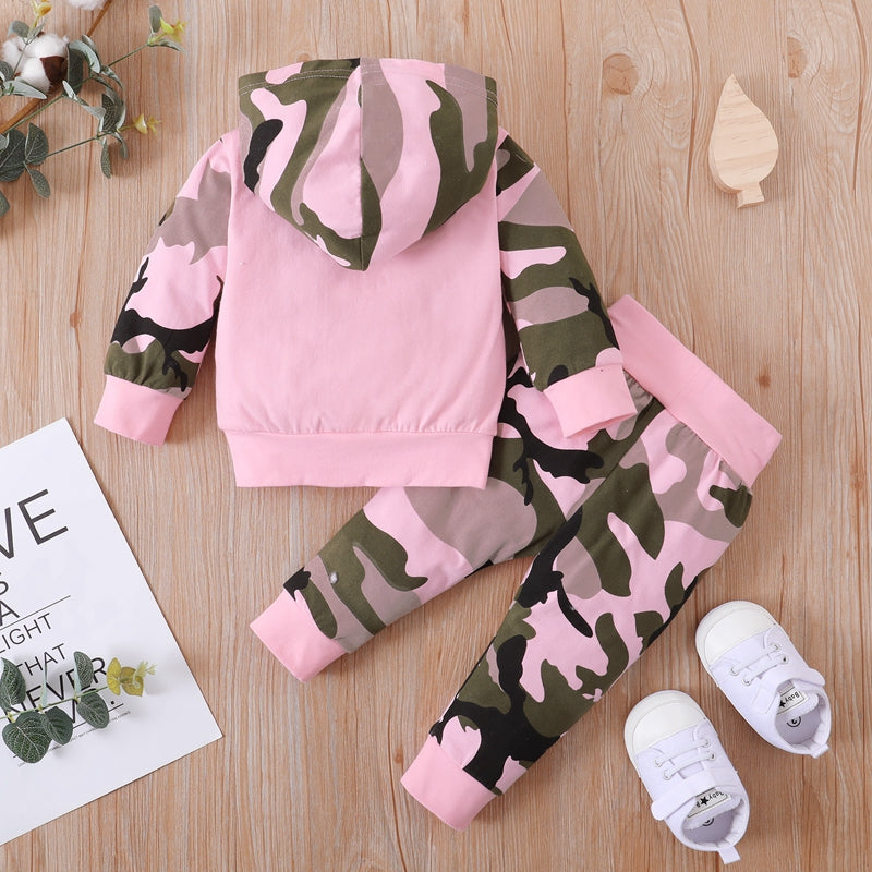 Toddler Girl Letter Print Camouflage Hoodie & Pants - PrettyKid