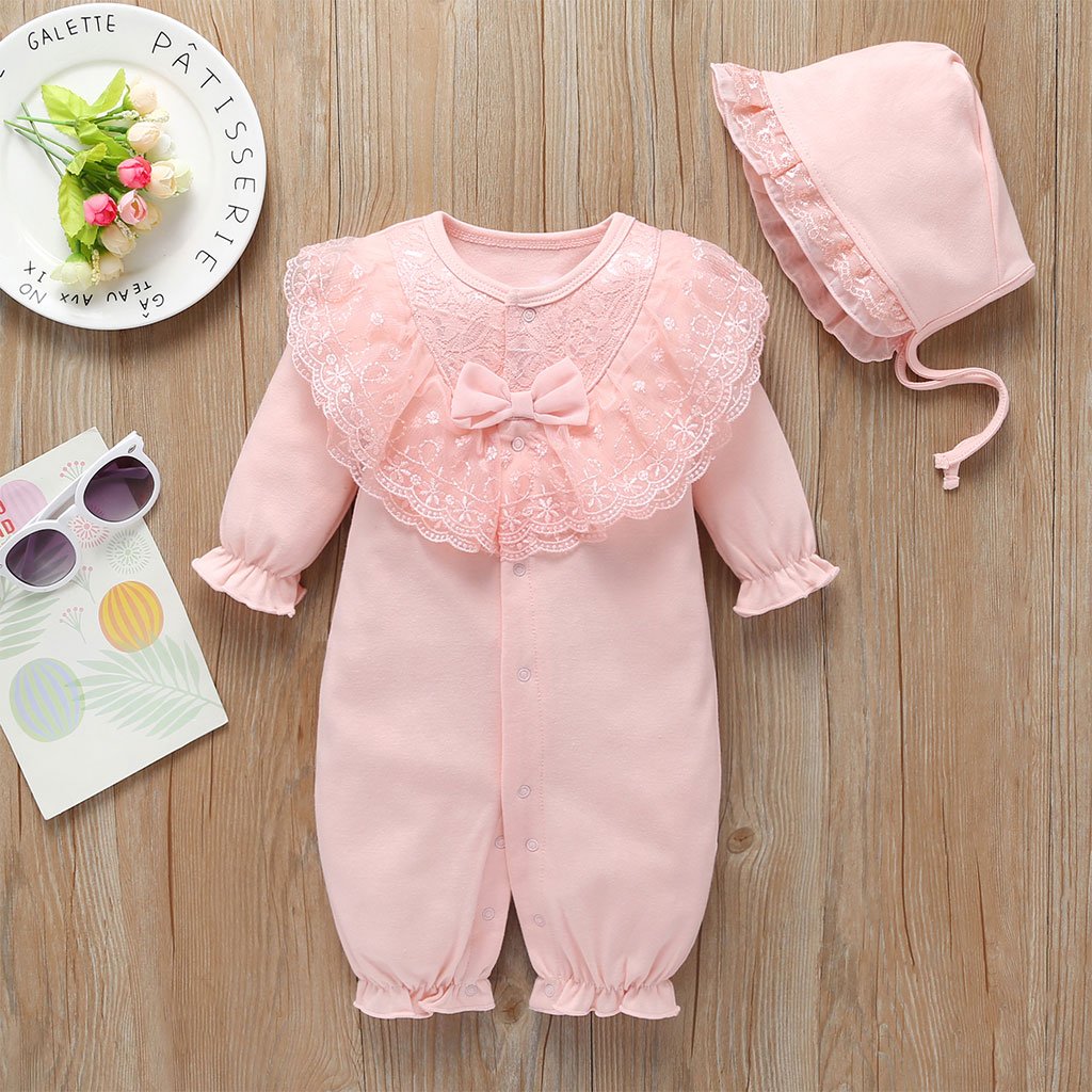 2-Piece Long-Sleeve Bow Decor Lace Jumpsuit and Hat Wholesale children's clothing - PrettyKid