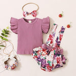 Baby Girl Ruffle Armhole Ribbed Top & Floral Suspender Shorts & Headwear - PrettyKid