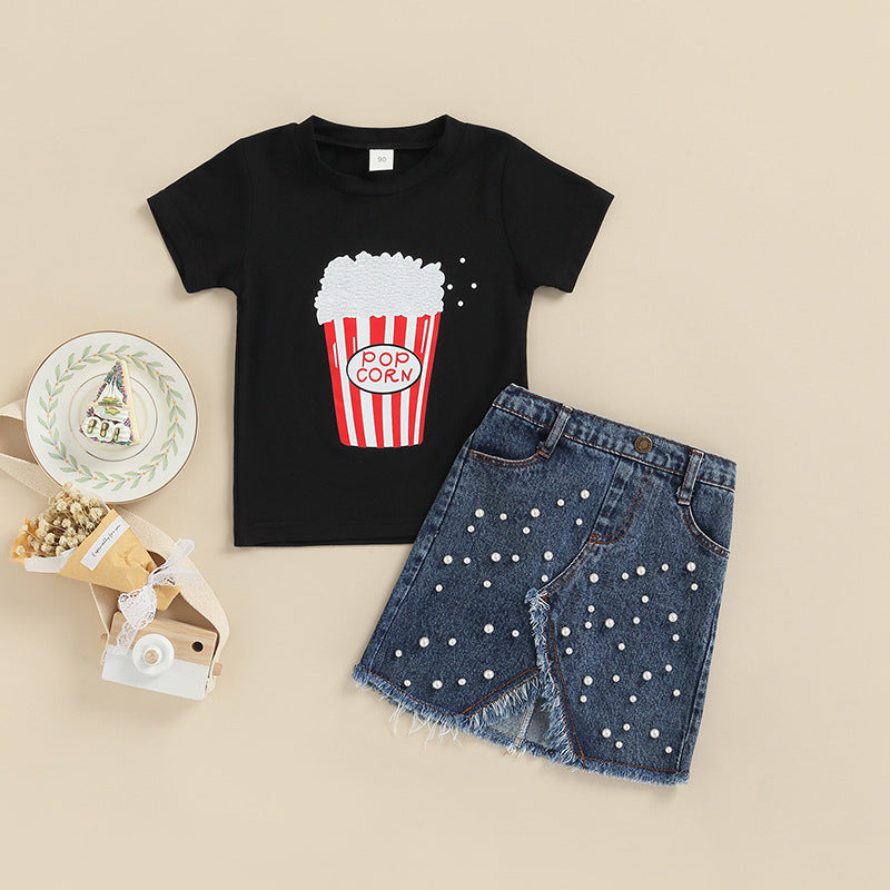 18M-6Y Toddler Girls Clothing Sets Popcorn Print T-Shirts & Pearl Denim Skirt Wholesale Girls Clothes - PrettyKid