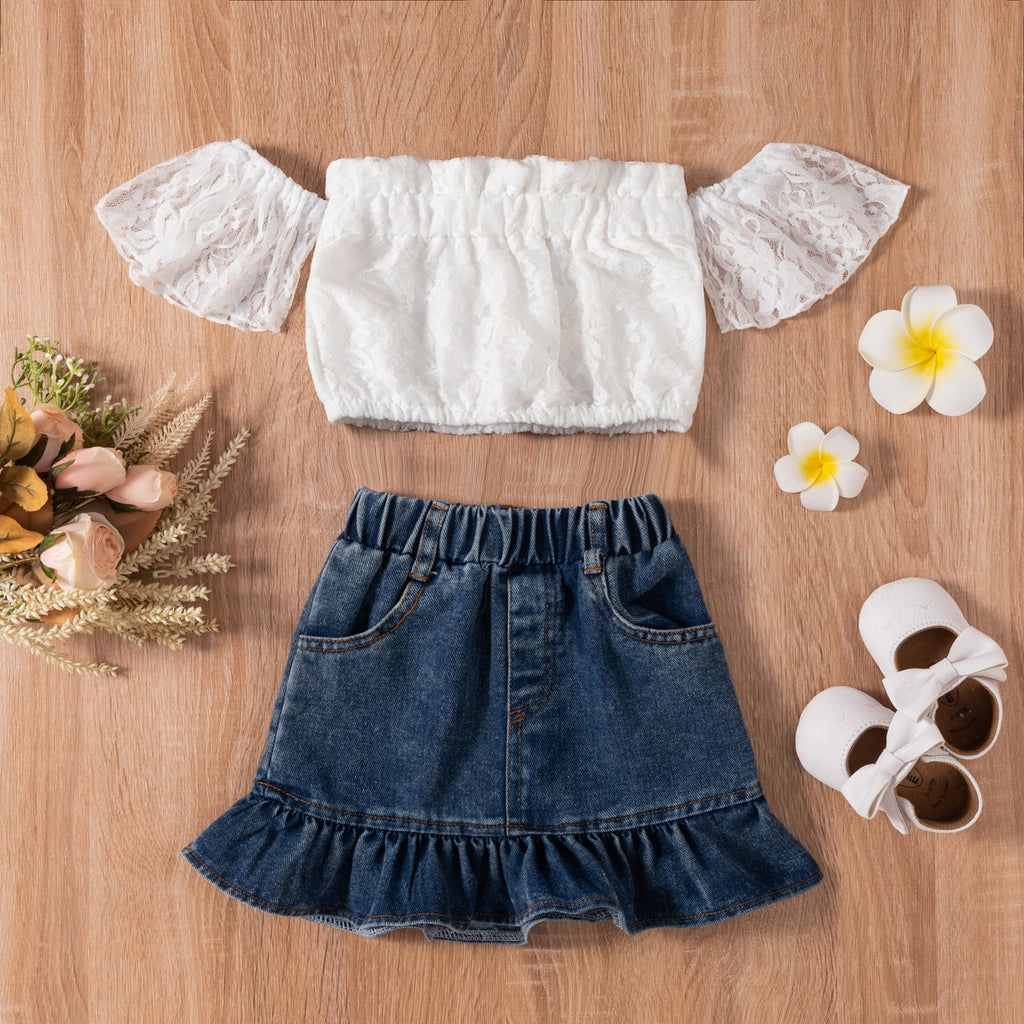 18M-6Y Toddler Girls Clothing Sets Off-Shoulder Lace Top & Ruffle Hem Denim Skirt Wholesale Little Girl Clothing - PrettyKid