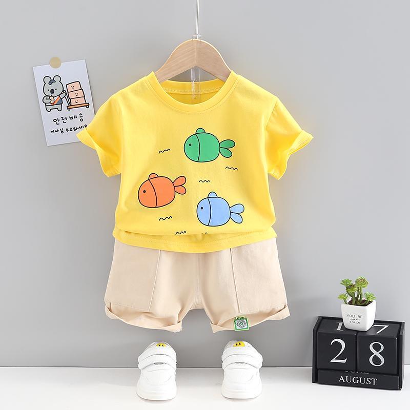 Grow Boy Cartoon Fish Patten Top & Solid Color Shorts - PrettyKid