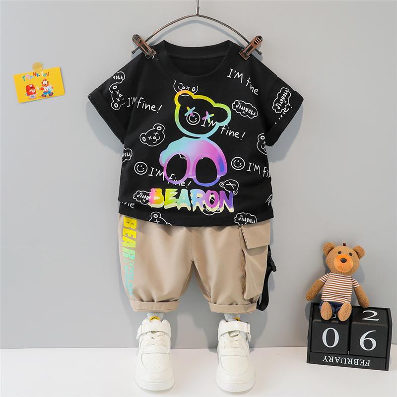 Grow Boy Bear Print T-shirt & Letter Shorts - PrettyKid