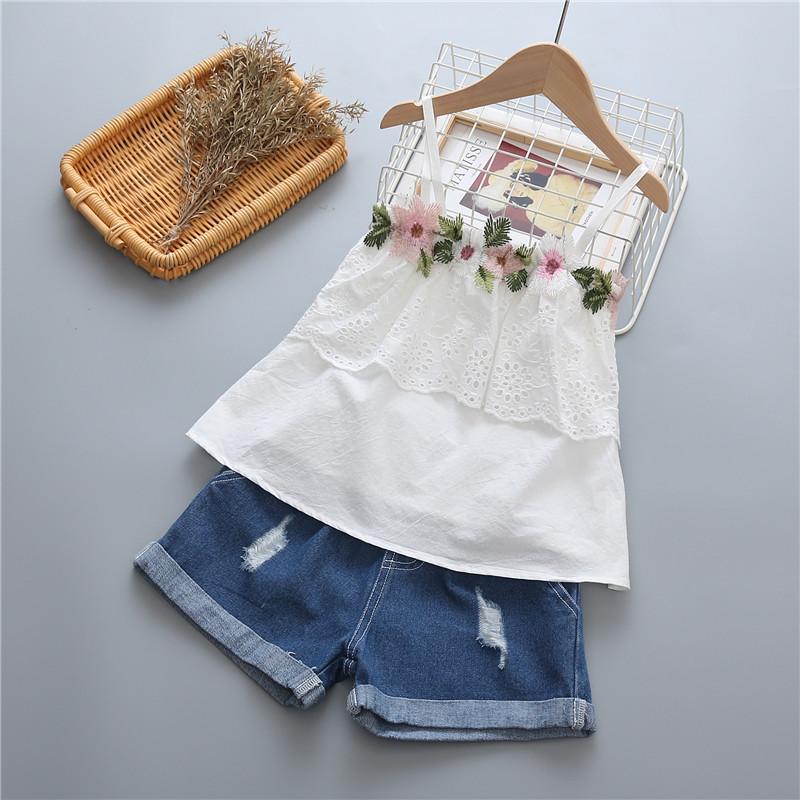 Toddler Girl Embroidered Flower Decor Tiered Cami Top & Ripped Denim Short - PrettyKid