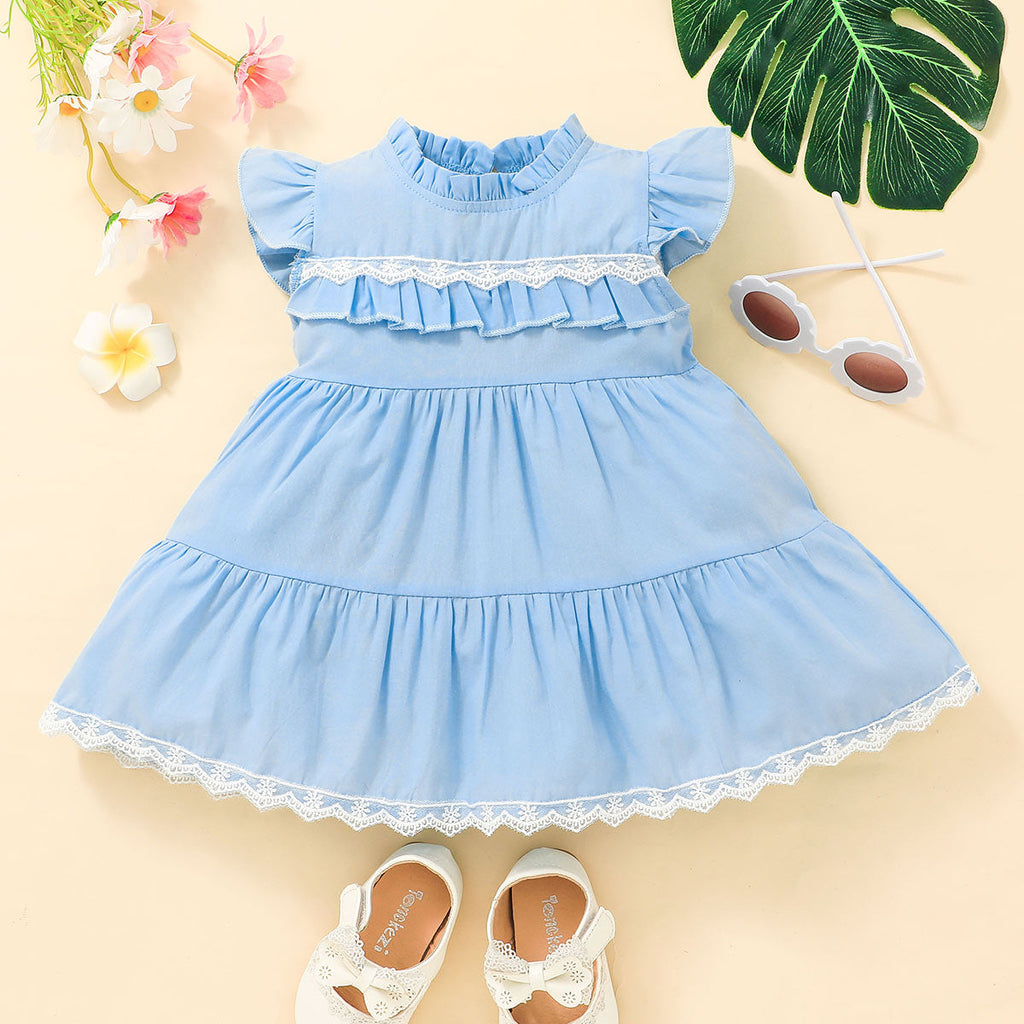 Baby Girl Ruffle-sleeve Solid Layered Beautiful Dress Wholesale - PrettyKid