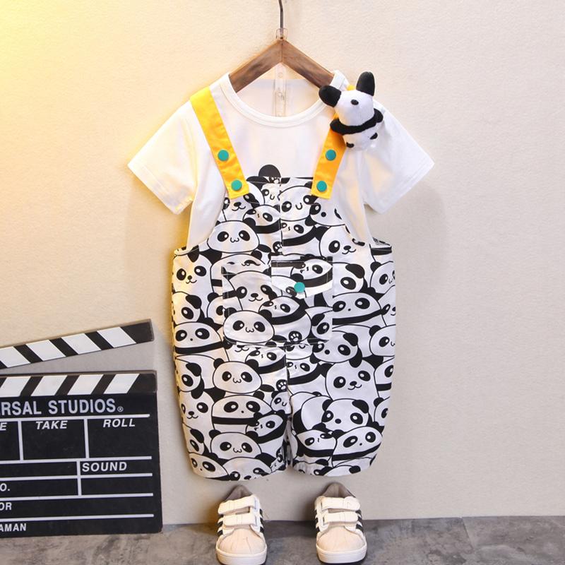 Toddler Girl Cartoon Panda Pattern T-shirt & Printed Overalls - PrettyKid