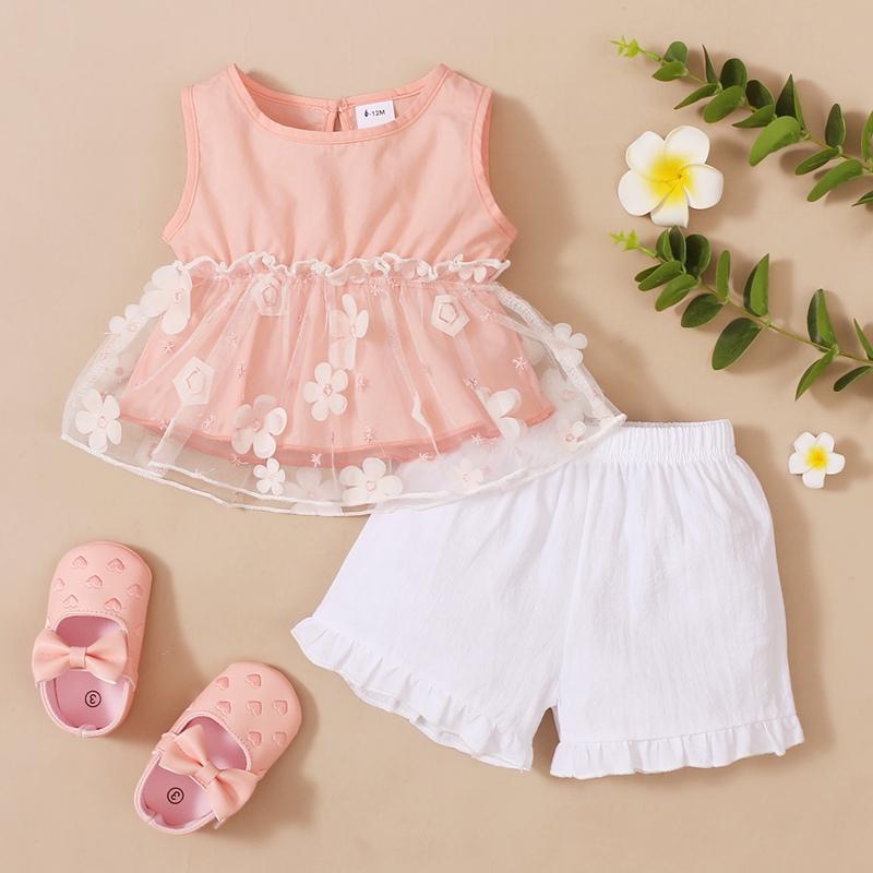 Toddler Girl Sleeveless Mesh Stitching Top & Solid Color Shorts - PrettyKid