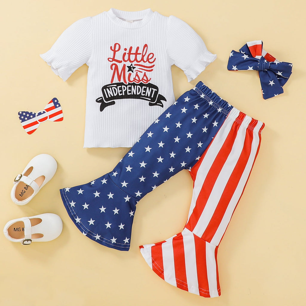 9M-4Y Threaded Flared Sleeves Flag Print Flared Pants Independence Day Outfit Wholesale Baby Clothes - PrettyKid