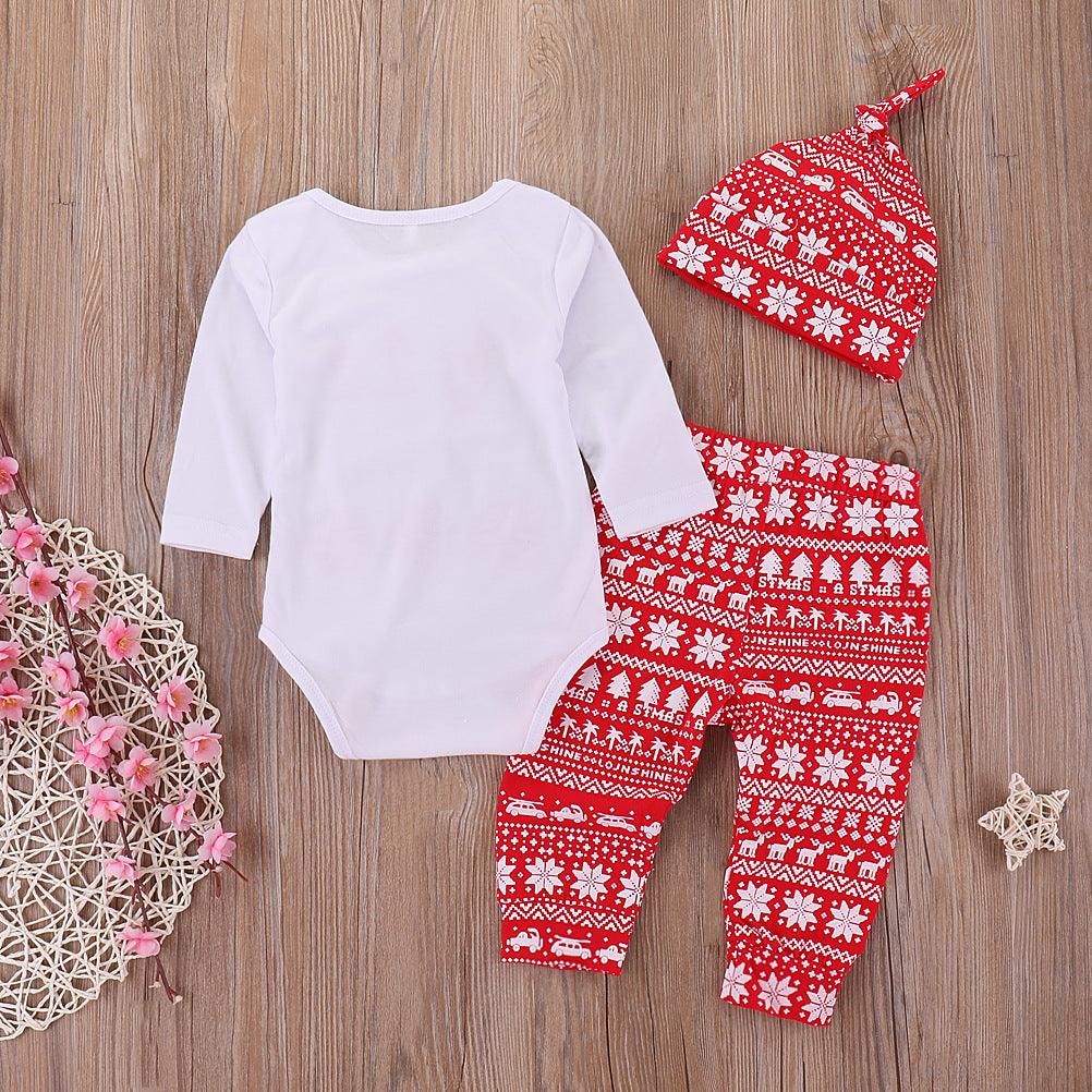 Christmas Dress Baby Letter Snowflake Print One-piece Dress Pants Hat Set - PrettyKid