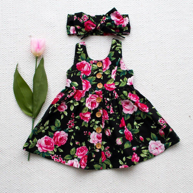 Toddler Girls Tank Dress Black Flower Princess Skirt & Headband - PrettyKid