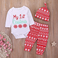 Christmas Dress Baby Letter Snowflake Print One-piece Dress Pants Hat Set - PrettyKid