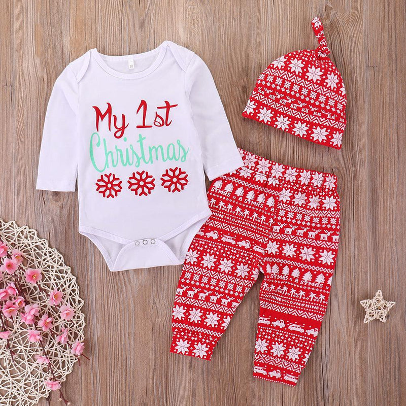 Christmas Dress Baby Letter Snowflake Print One-piece Dress Pants Hat Set - PrettyKid