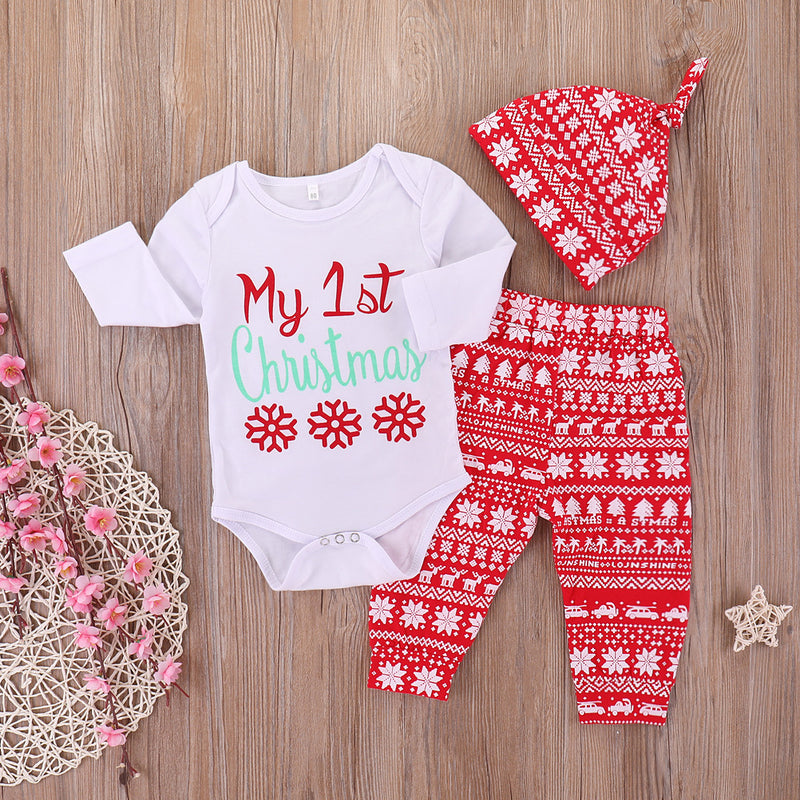 Christmas Dress Baby Letter Snowflake Print One-piece Dress Pants Hat Set - PrettyKid
